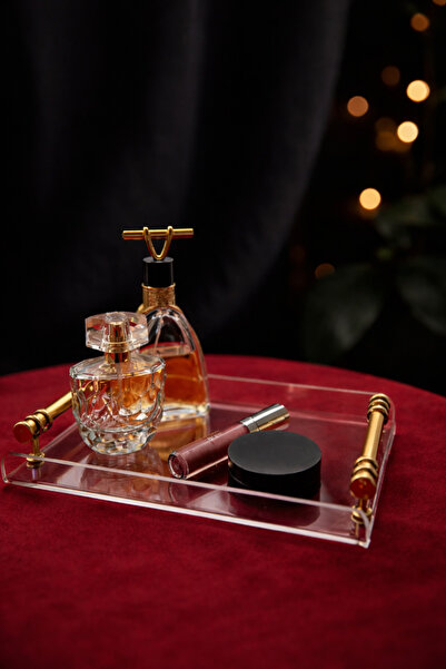 PLEKSİ ORGANİZER Pleksi Altın Renkli Kulplu Mini Sunum Tepsisi