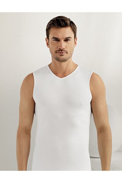 Şahinler Men'S, 95% Cotton 5% Elastane, White, Zero Sleeves, V-Neck, Stretch ...