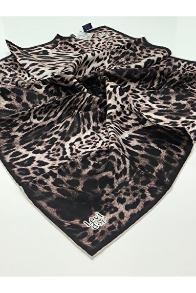 Levidor TİVİL İPEK EŞARP LEOPAR DESEN SİYAH PUDRA 3636-1
