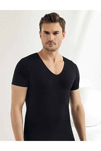 Şahinler Men'S, 95% Cotton 5% Elastane, Black, Short Sleeve, V-Neck, Stretch ...