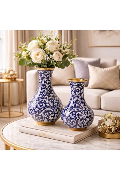 Generic Luxury Geometric Ceramic Vase Set with Golden Touches - Two Pieces
