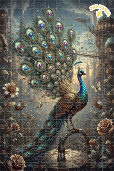 Teona Ahşap Görkemli Tavus Kuşu Steampunk Sanatı Çift Katlı Çerçeveli Ahşap P...