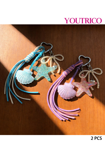 Youtrico Handmade Seashell Starfish Bow Charm - Braided Rope Bag Keychain (2pcs)