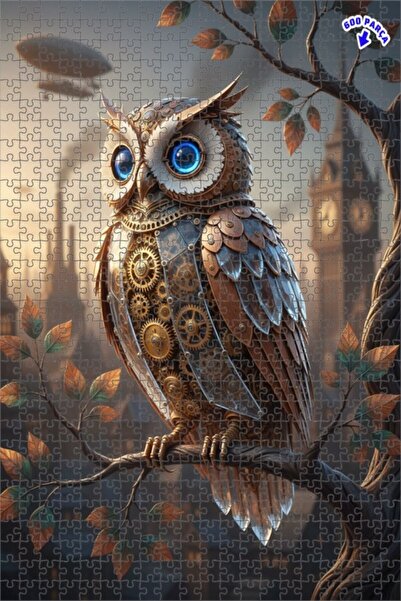 Teona Ahşap Steampunk Mekanik Baykuş Yağlı Boya Görünümlü Çift Katlı Çerçevel...