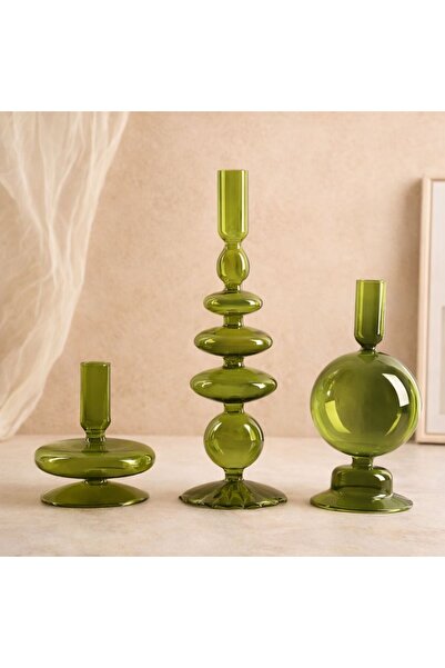 Muud Atelier 3 lü Dekoratif Yeşil Cam Şamdan Hediyelik Özel Tasarım