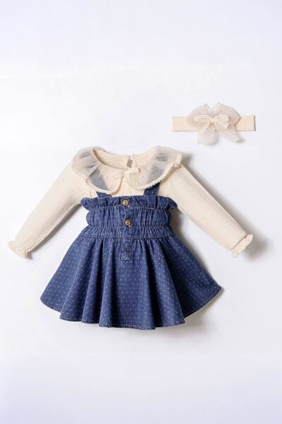 Minigimin Cicileri Collar Tulle Detailed Princess Denim Dress 3-Piece Baby Gi...