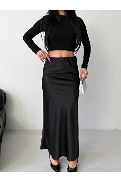 MYGİYİMİSTANBUL Satin Fabric Elastic Waist Long Skirt Shiny and Smooth