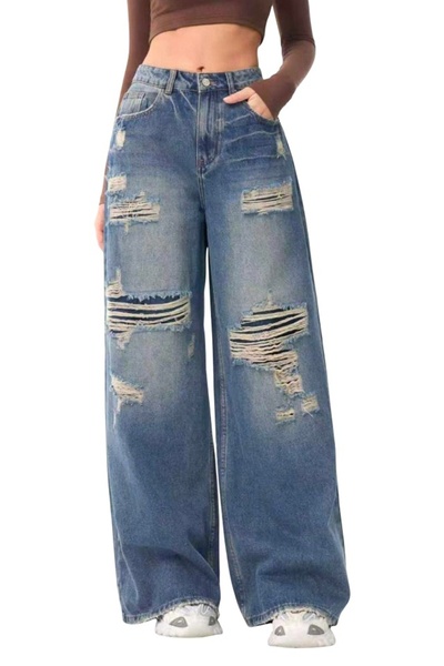 FashionForYou KOREAN loose fit pre-washed jeans, cropped, Denim blue