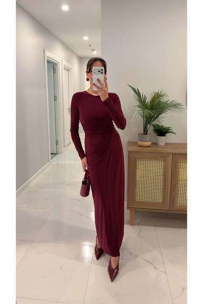 BİRCANÇİL Rochie Mokka Burgundy cu detaliu în talie