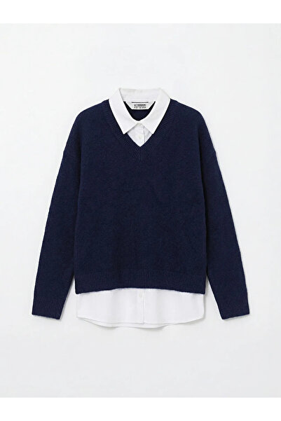 LC Waikiki Lcw Kids Navy Blue Shirt Collar Girls' Knitwear Sweater