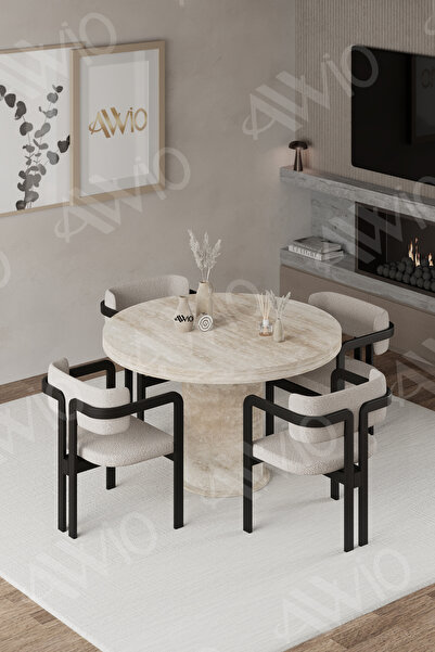 ah assel home FLOYD Traverten 90X90 YUVARLAK Yemek Masası Mutfak Masası 4 Kiş...