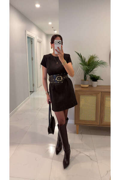 BİRCANÇİL Lerasta Brown Velvet Shoulder Pad Piece Dress with Belt Detail