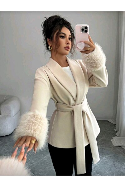 kendii modamm سترة نسائية بياقة شال وأكمام فرو وحزام مزخرف