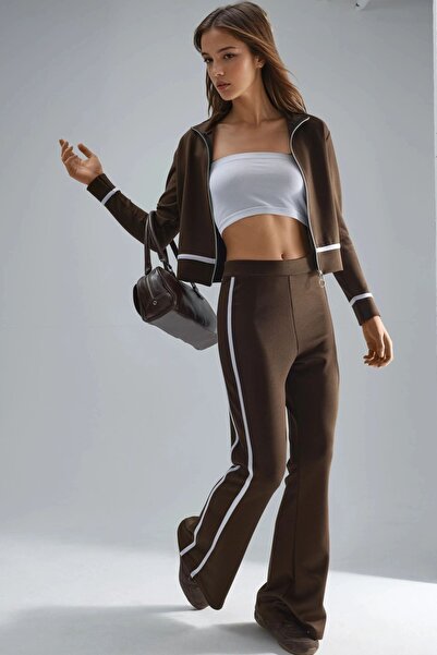 Hiccup Modal Textured Zippered Sweatshirt and Flared Pants Two-Piece Set Berş...