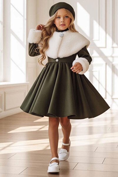 Riccotarz Kız Çocuk Peluş Şal ve Bileklik Detaylı Şapkalı Süet Haki Abiye