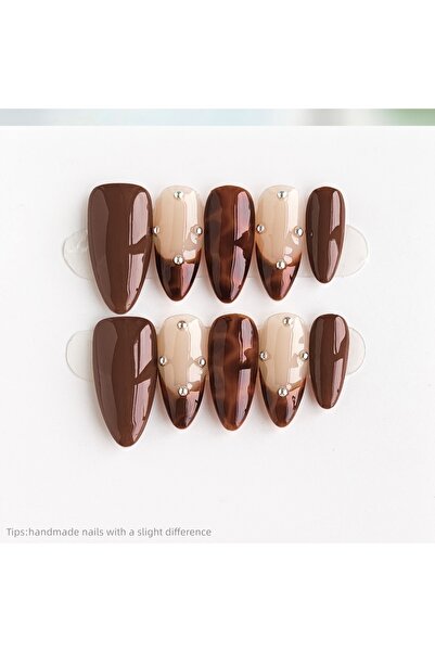 Choice M 10 قطع أظافر فرنسية مصنوعة يدوياً بنقشة جلد النمر البني العاري، أظاف...