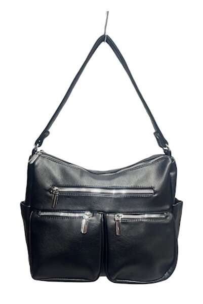 OEM Women's Hobo Bag, Leather, 2 Compartments, Black, 30x45cm
