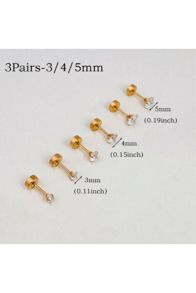 Choice 3 أزواج ذهبية، 6 أزواج من الأقراط المرصعة بالمسامير ذات الظهر المسطح ا...