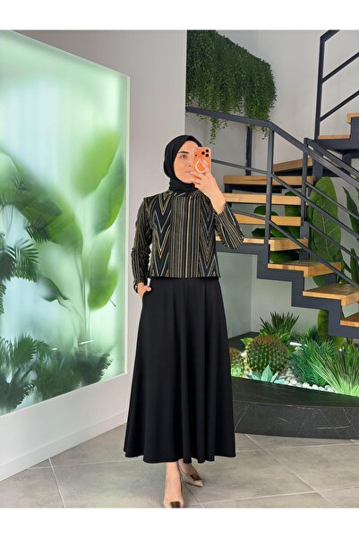 Armine Trend Bluzu Desenli Etekli Takım 25KT6117 Siyah-Petrol