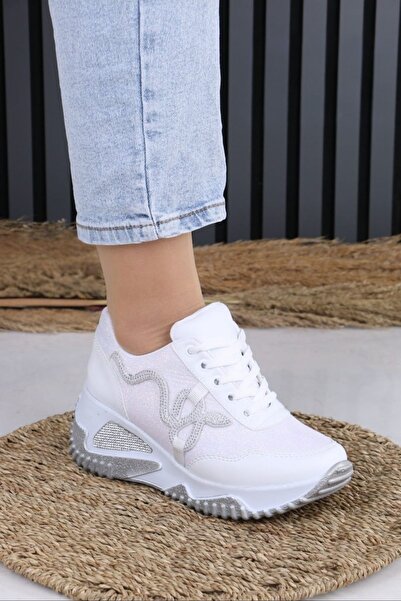 Weynes Women's White Snake Stone Patterned Sneaker Wsb4142