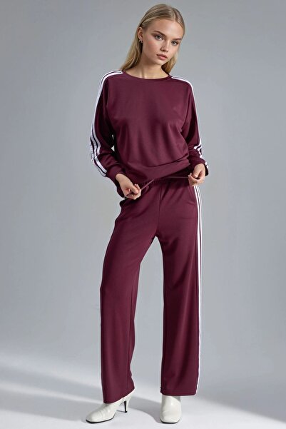 Hiccup Modal Textured Zippered Sweatshirt and Flared Pants Two-Piece Set Berş...