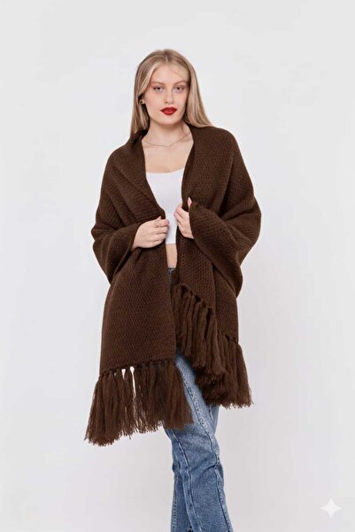 ETARZ Püskül Detaylı Koyu Kahve Rengi Triko Şal