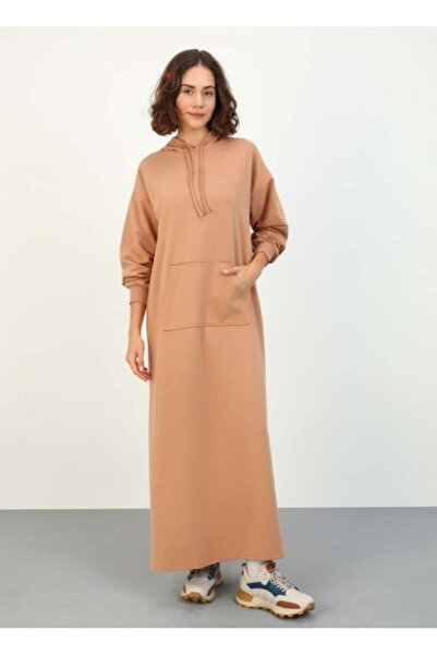 Benin Rochie Hijab cu glugă cu buzunar cangur - Maro lapte -