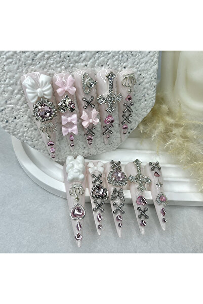 Choice 10 قطع أظافر طويلة لطيفة مصنوعة يدوياً من نوع جيراي باللون الوردي، بتص...