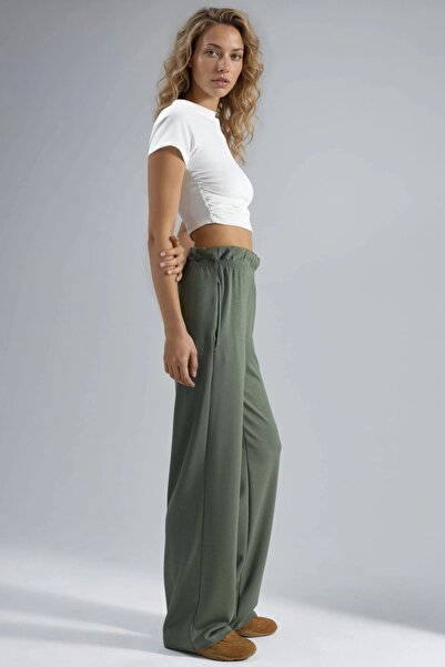 Hiccup Modal Textured Elastic Waist Straight Leg Trousers Berşan Collection