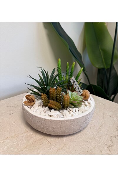 muga design Stone Model Traverten Dokulu Saksı – Yapay Sukulent Aranjmanı
