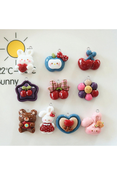 Choice mix have hook 10pc Retro cartoon heart cherry rabbit bow resin pendant...