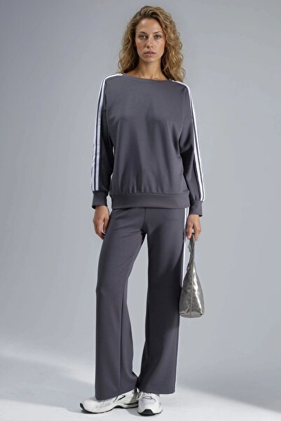 Hiccup Modal Textured Zippered Sweatshirt and Flared Pants Two-Piece Set Berş...