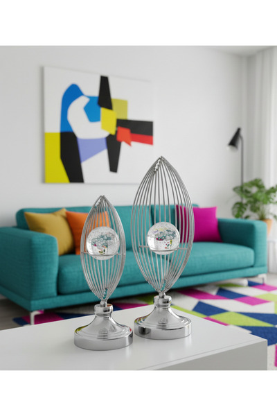 Decodelight Krom Metal Ayaklı Krom Yelken Model Baloncuk Camlı 2'li Ev Aksesu...