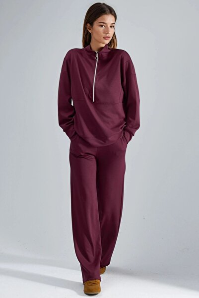 Hiccup Modal Textured Zippered Collar Wide Leg Two-Piece Suit Berşan Collection