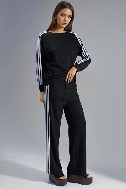 Hiccup Modal Textured Zippered Sweatshirt and Flared Pants Two-Piece Set Berş...