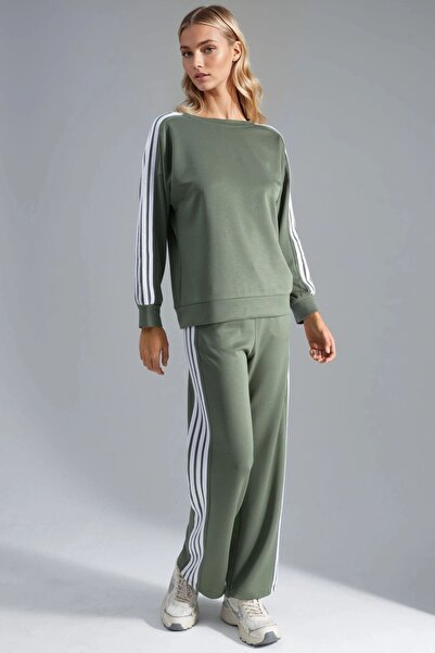 Hiccup Modal Textured Zippered Sweatshirt and Flared Pants Two-Piece Set Berş...