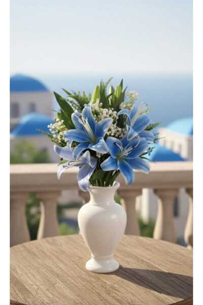 ENRUFLORA Yapay Cipso Aranjmanlı Mavi Lilyum Çiçeği Özel Günler Salon Balkon ...