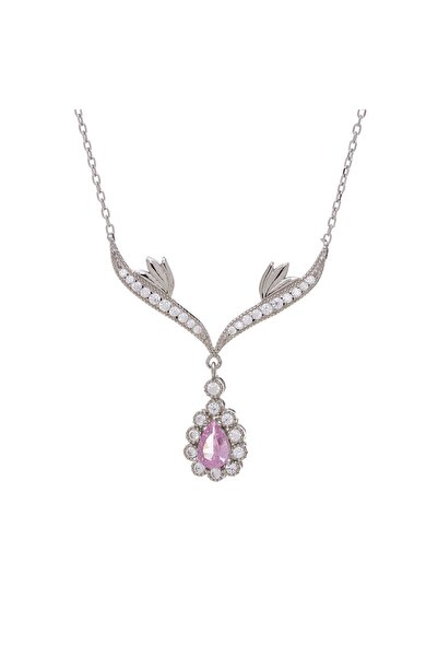 NAGISS Pembe Damla Zirkon Taşlı 925 Ayar Gümüş Melek Kanatlı Model Kadın Kolye