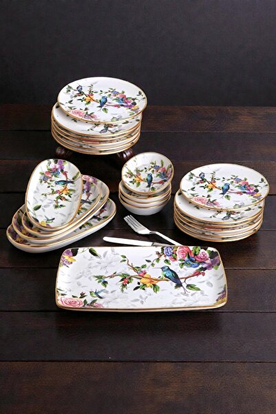 Pinkev 12-Person 21-Piece Ceramic Cake Presentation Plate Set - Bird Pattern