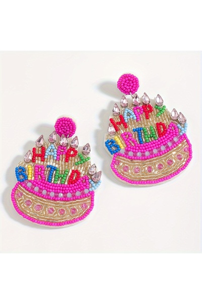 Choice pink Vedwas Bohemian Handmade Beaded Cake Dangle Earrings,Cute HAPPY B...