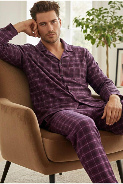 Siyah İnci Costum de pijama mov în carouri, cu bumbac 100% nasturi, din mater...