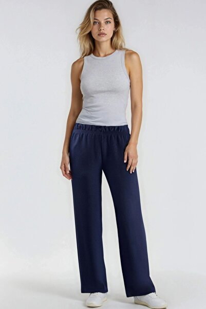 Hiccup Modal Textured Elastic Waist Straight Leg Trousers Berşan Collection