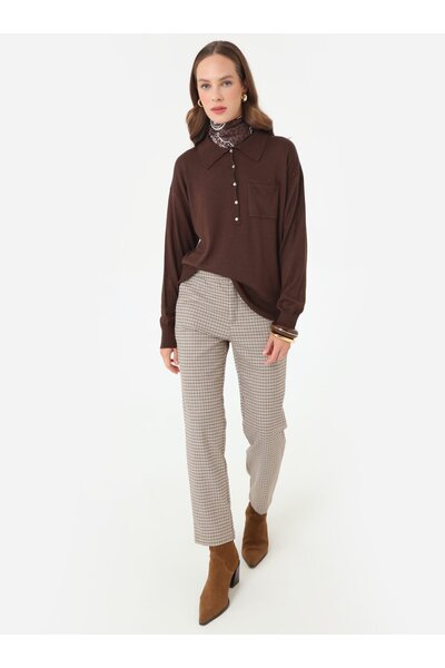 Refka Shirt Collar Pocket Detailed Knit Sweater - Brown -