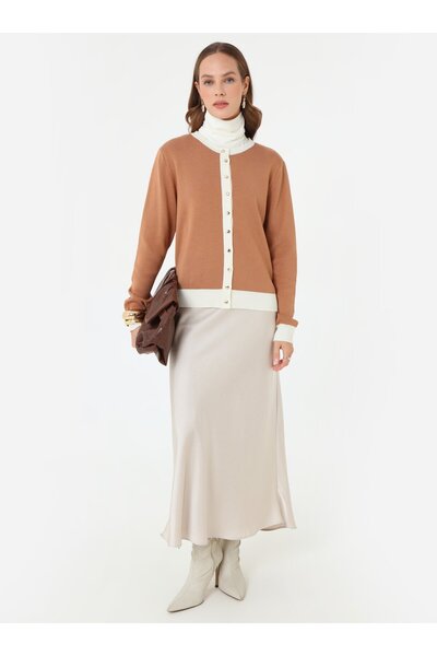 Refka Contrast Detailed Skirt Top Knitwear Cardigan - Camel -