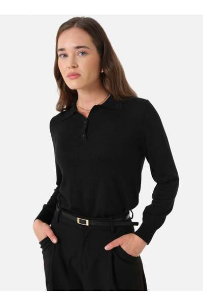 Refka Half Placket Shirt Collar Basic Knit Sweater - Black -