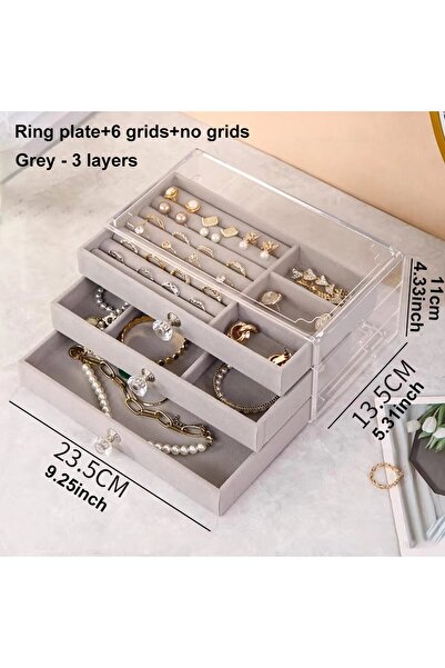 Choice علبة مجوهرات رمادية اللون (القطعة الواحدة) قابلة للتكديس بثلاث طبقات م...