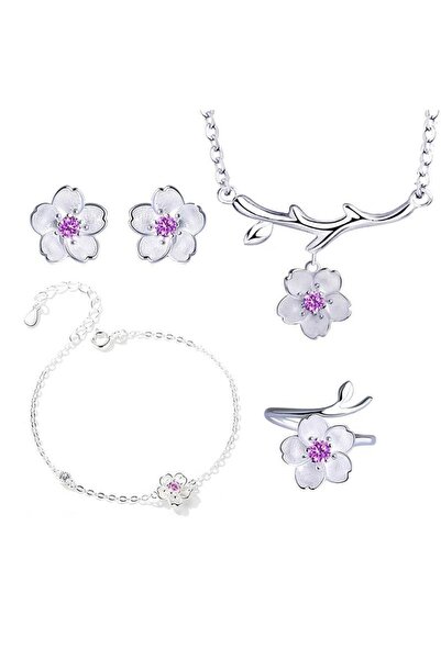Choice Purple 4 pcs set Elegant Pink Cherry Blossom Flower Cubic Zirconia Jew...
