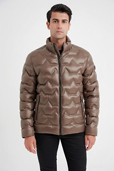 Efor Slim Fit Hakim Yaka Yan Cepli Kaz Tüyü Bej Şişme Mont MT 175