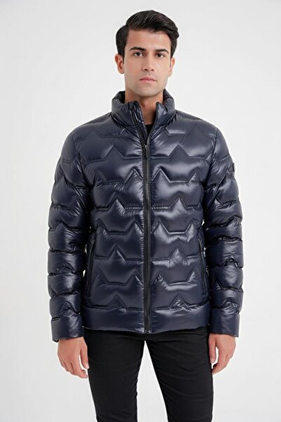 Efor Slim Fit Hakim Yaka Yan Cepli Kaz Tüyü Lacivert Şişme Mont MT 175