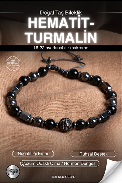 OSMANLI DEĞERLİ TAŞ Certified Tourmaline-Hematite Natural Stone Macrame Brace...